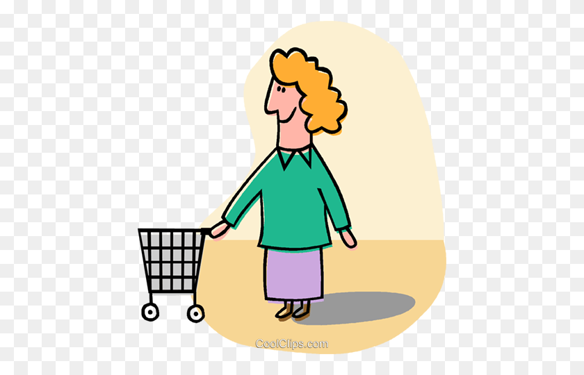 444x480 Woman With Shopping Cart Royalty Free Vector Clip Art Illustration - Girl Shopping Clipart