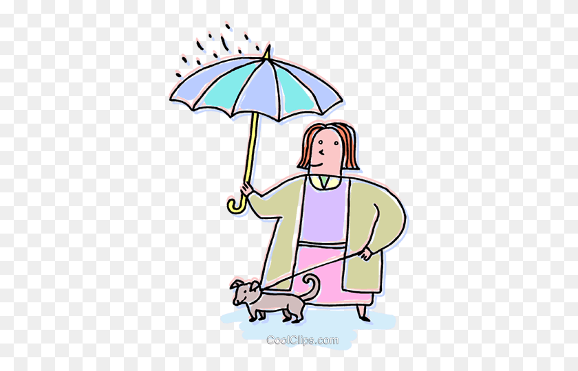 350x480 Woman With Umbrella And Dog On A Leash Royalty Free Vector Clip - Dog Leash Clipart
