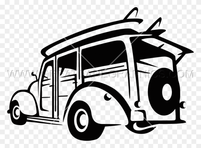 825x590 Woody Surf Wagon Production Ready Artwork For T Shirt Printing - Classic Car Clipart Black And White
