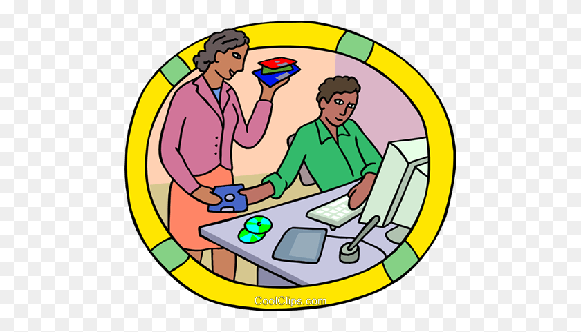 480x421 Worker Loading Software On Computer Royalty Free Vector Clip Art - Computer Games Clipart