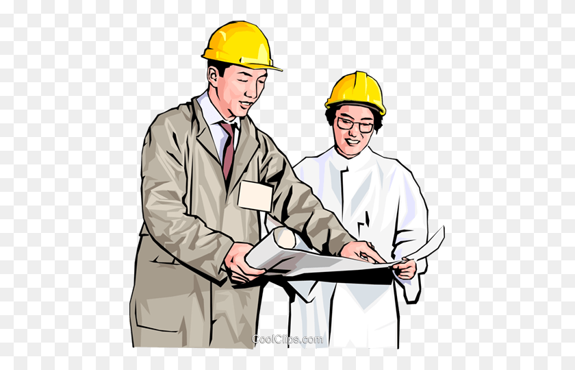 461x480 Workers In Hard Hats Discussing Plans Royalty Free Vector Clip Art - Hard Worker Clipart
