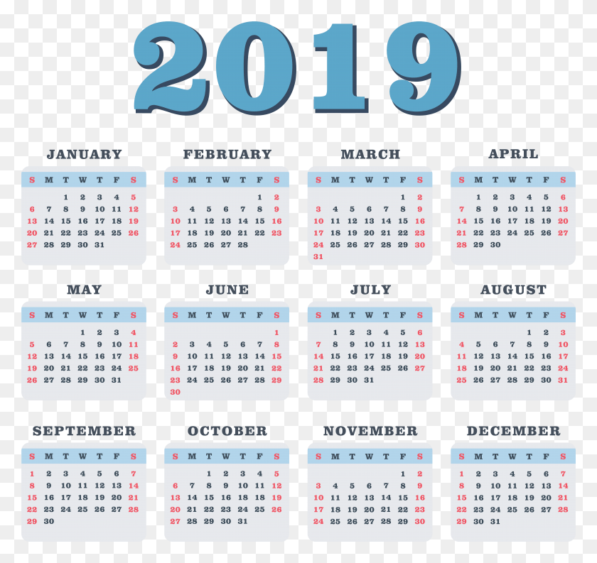 7876x7405 2019 Blue Calendar Transparent Image, Text HD PNG Download