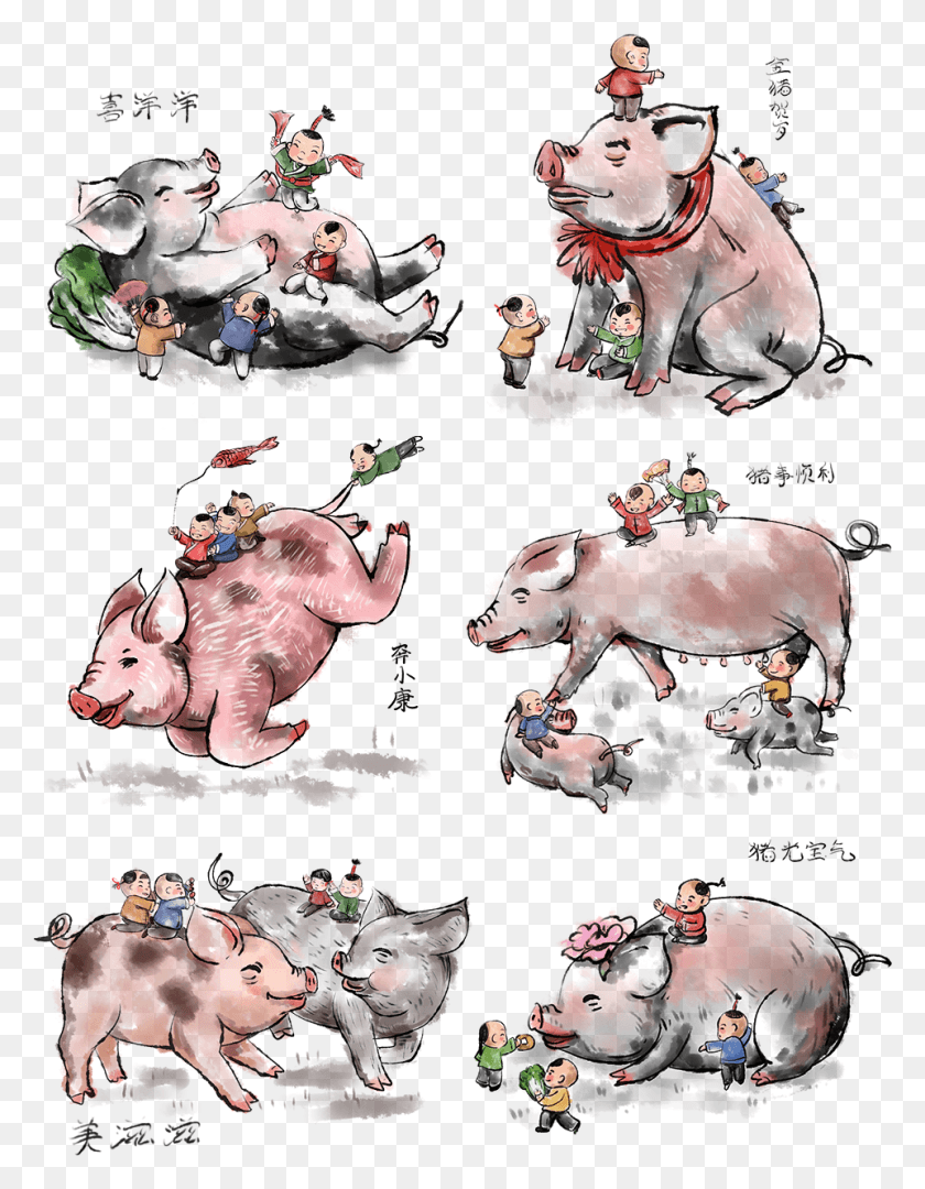 961x1257 2019 Spring Festival Year Pig Chinese Painting Series Painting Pig, Mammal, Animal, Person HD PNG Download