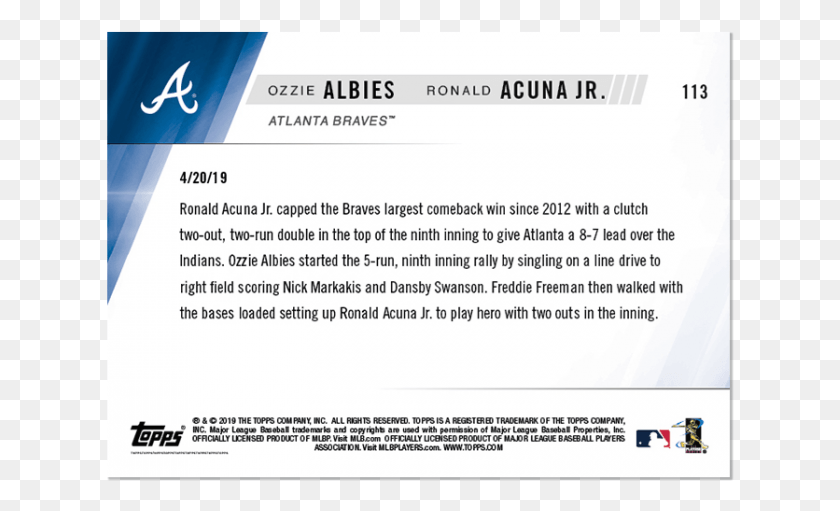 628x451 2019 Topps Now 113 Ozzie Albies Ronald Acuna Jr Atlanta Atlanta Braves Logo Black, Text, Electronics HD PNG Download