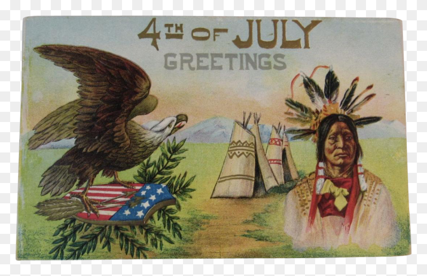 1088x675 4th Of July Greetings Postcard Embossed Indian Native American 4th Of July, Bird, Animal, Person HD PNG Download