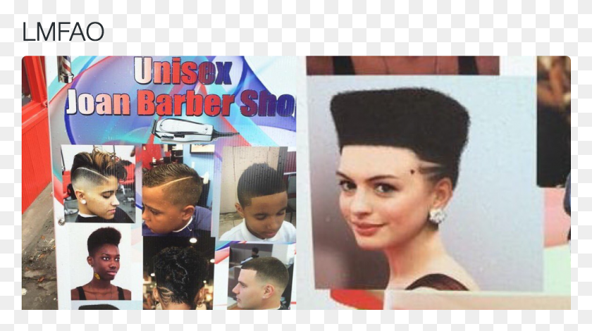 1009x531 A Barbers Sign Has A Photoshop Of Anne Hathaway With Anne Hathaway With A Hightop Fade, Face, Person, Human HD PNG Download
