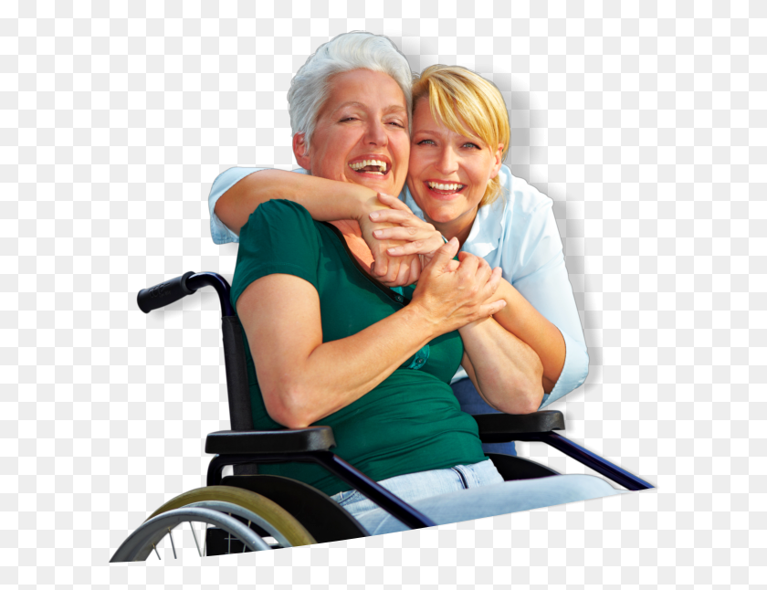 606x586 A Caregiver Hugging An Elderly Sitting On A Wheelchair Home Care In The United States, Chair, Furniture, Person HD PNG Download