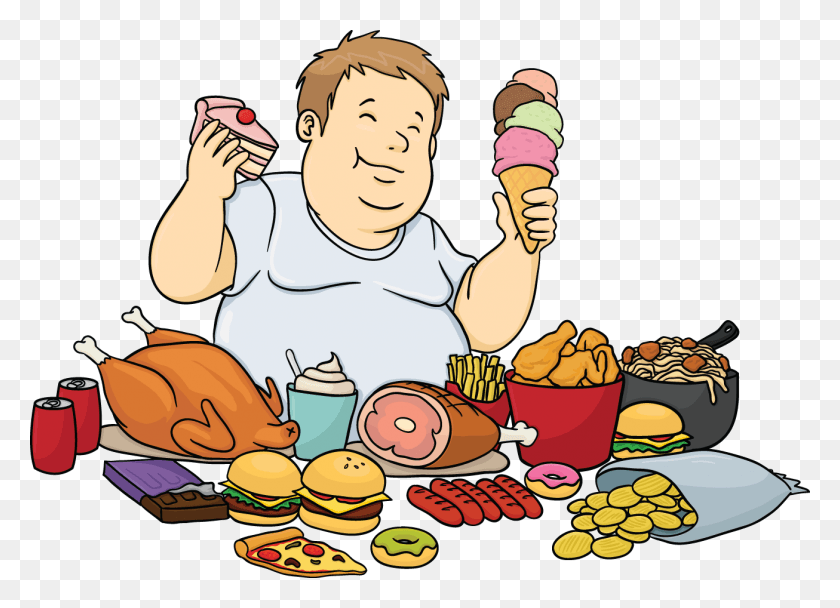1306x918 A Fat Cartoon Man Feasting On Junk Food Eating Too Much Clipart, Food, Cream, Dessert HD PNG Download