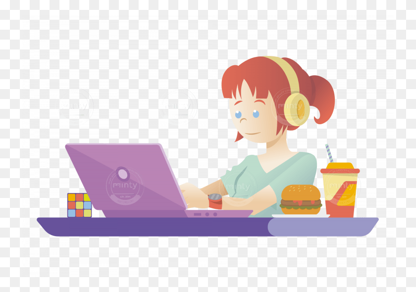 750x530 A Freelance Working On Her Drinking Juice Cartoon, Pc, Computer, Electronics HD PNG Download