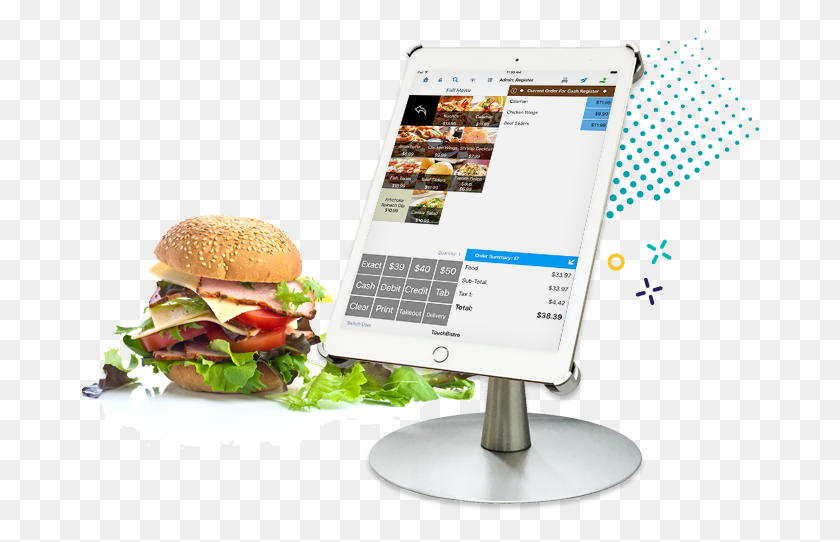 678x482 A Hamburger Next To An Ipad Displaying Touchbistro Pos Cash System Food, Burger, Mobile Phone, Phone HD PNG Download