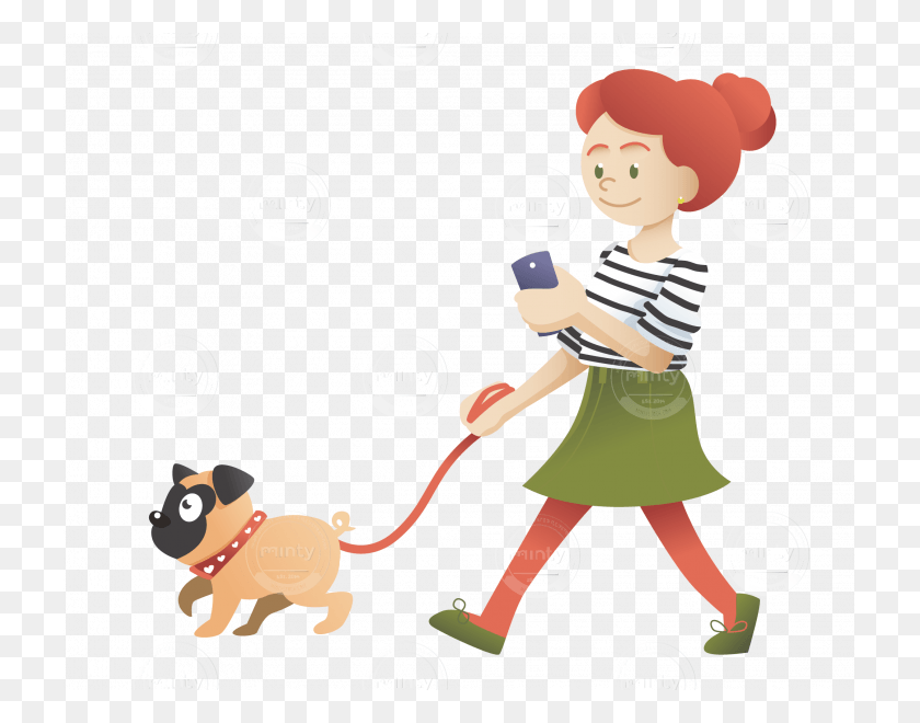 723x600 A Redhead Girl Walking With Her Pug And Checking Her Cartoon, Person, Human, Cleaning HD PNG Download