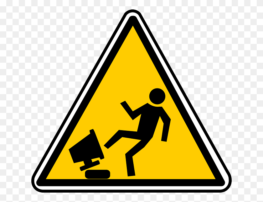 640x584 A Triangle Warning Sign Showing A Guy Kicking A Computer Angry Computer User, Symbol, Road Sign, Sign HD PNG Download
