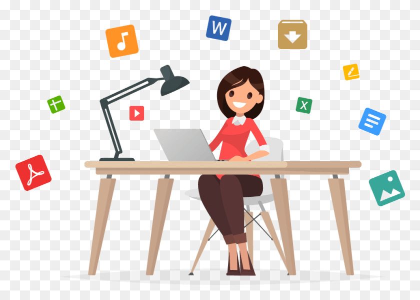 961x665 Access Your Files Like A Pro With Pcloud Premium Plus Woman Working On Laptop Clipart, Person, Human, Sitting HD PNG Download