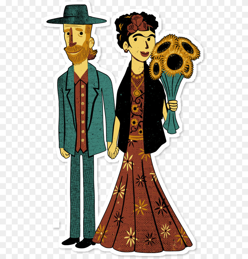 557x877 Adesivo Love Is Art Frida Kahlo And Van Gogh De Tobias Van Gogh Stickers, Person, Clothing, Formal Wear, Dress Transparent PNG