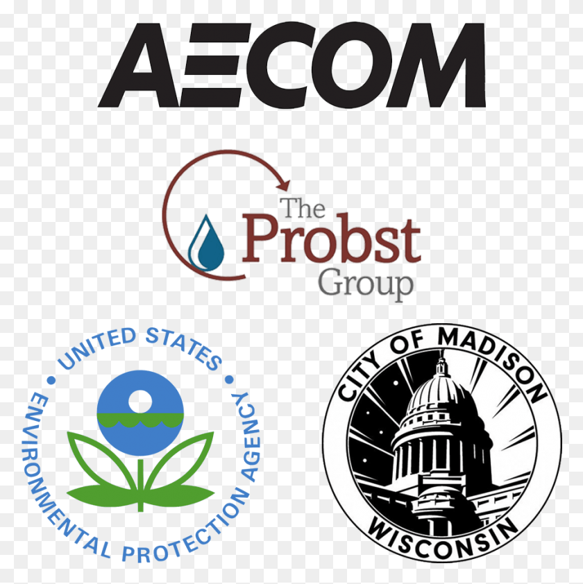 901x904 Descargar Png Aecom The Probst Group Epa And City Of Madison Logos Diseño Gráfico, Texto, Cartel, Publicidad Hd Png
