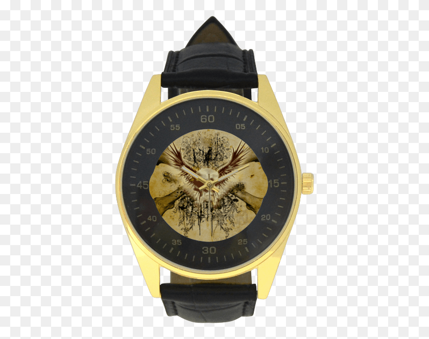 391x604 Amazing Skull Wings And Grunge Men39s Golden Leather Watch, Wristwatch, Clock Tower, Tower HD PNG Download