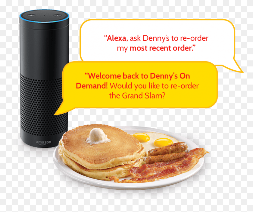 1046x862 Amazon Echo With Word Bubbles Of Online Order Transaction Denny39s Grand Slam Breakfast, Burger, Food, Bread HD PNG Download