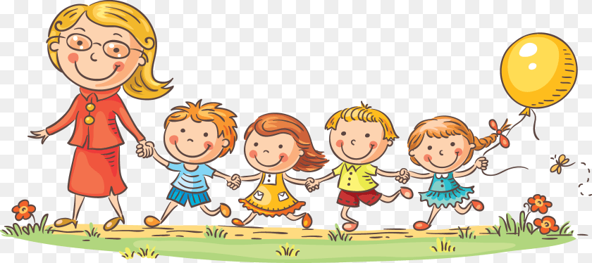 5906x2630 And Children Teacher Kindergarten Teachers Child Cartoon Kindergarten Children Cartoon, Balloon, Baby, Person, Face Clipart PNG