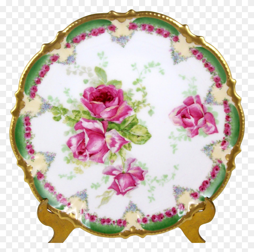 1792x1775 Descargar Png Corona Antigua Placa De Limoges Rosas Rosadas Borde Verde Rosa, Porcelana, Cerámica Hd Png