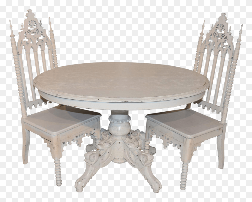 1559x1227 Antique French Dining Table Amp Two Gothic Chairs Custom Coffee Table, Furniture, Dining Table, Chair HD PNG Download