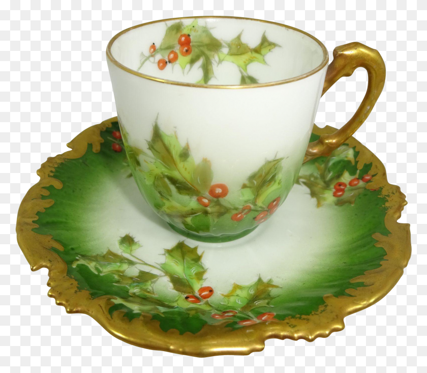 1588x1371 Antique Limoges France Cup Saucer Christmas Holly Berries, Pottery, Coffee Cup, Birthday Cake HD PNG Download