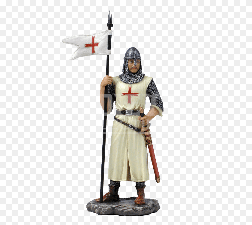 462x689 Armored Crusader With Flag In Right Hand Statue Crusader Flag, Person, Human, Knight HD PNG Download