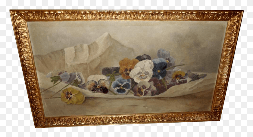 987x502 Artist Signed 1919 Pansy Painting In Gold Wood Frame Picture Frame, Rug Descargar Hd Png