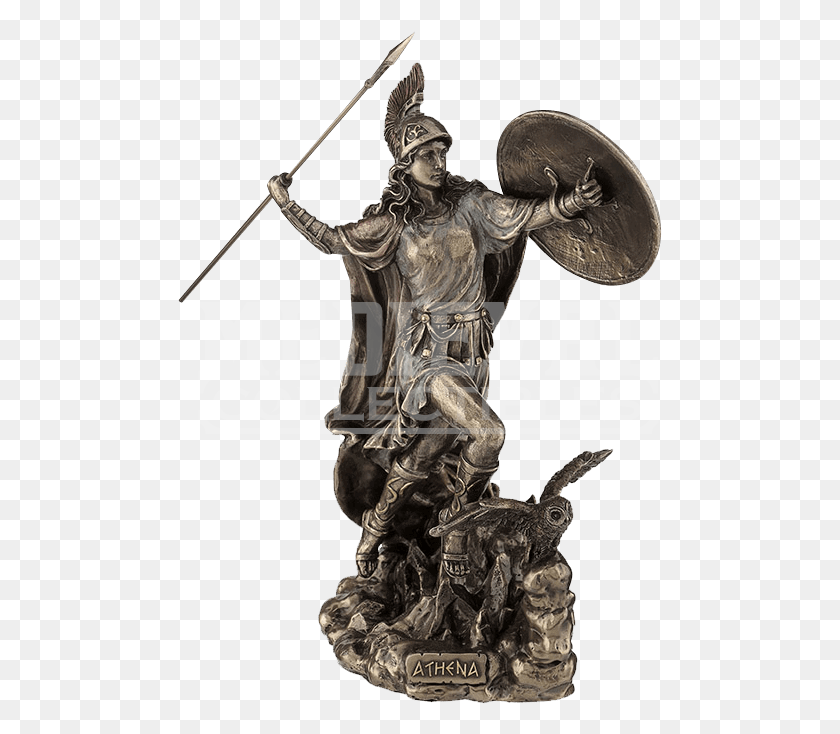 485x674 Athena Throwing Javelin With Owl Of Wisdom Athena Goddess Of War Statue, Person, Human, Sculpture HD PNG Download