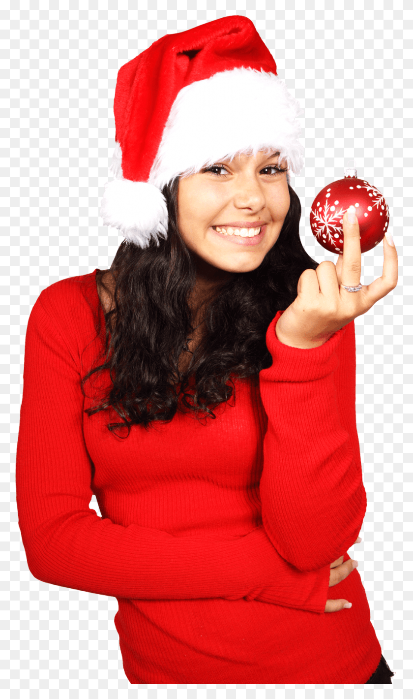 903x1575 Attractive Young Woman Holding Christmas Ball Image Woman In Santa Hat, Clothing, Apparel, Person HD PNG Download