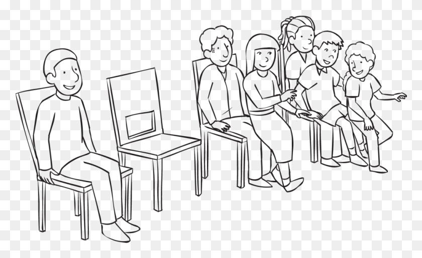 1025x598 Back People Sitting On Chairs And Stacked On Laps Of People Sitting In Chairs Drawing, Chair, Furniture, Audience HD PNG Download