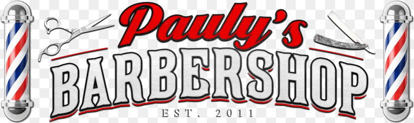 1437x430 Barber Shop Logo Pauly39s Barber Shop Logo, Scissors, Text, Emblem, Symbol Clipart PNG