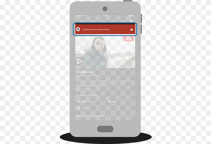 367x572 Bbc Iplayer App On A Mobile With Guidance Warning Highlighted Iphone, Adult, Female, Person, Woman PNG