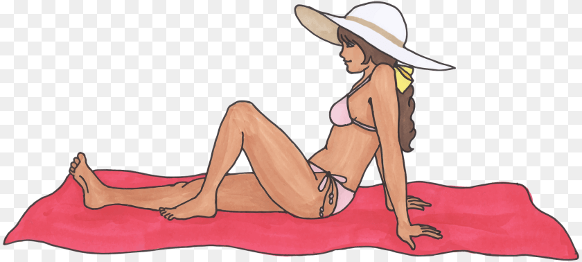 1920x864 Beach Girl Sitting On A Red Towel Clipart, Swimwear, Clothing, Hat, Sun Hat Transparent PNG