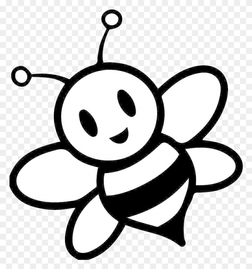 859x923 Bee Clipart Black And White Wallpaper Images Honey Cartoon Bee Black And White, Stencil, Locket, Pendant HD PNG Download