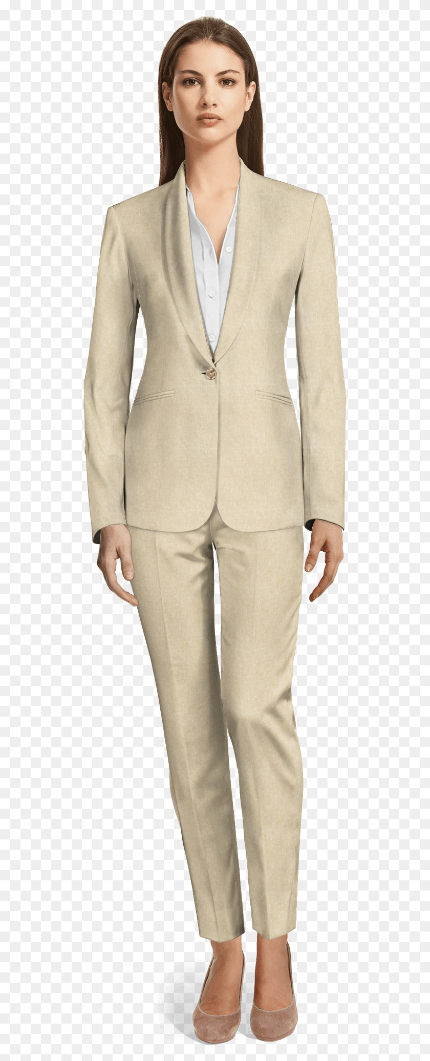 517x2013 Beige Linen Pant Suit Woman In Pantsuit Standing, Overcoat, Coat, Clothing Descargar Hd Png