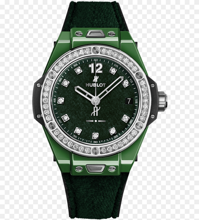 Big Bang One Click Italia Independent Dark Green Velvet Watch Hublot Big Bang Diamonds, Arm, Body Part, Person, Wristwatch Sticker PNG