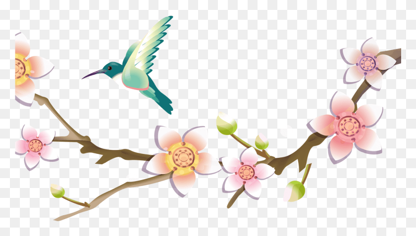 1369x733 Bird On Branch For Free On Mbtskoudsalg Flower Branch With Birds Clipart, Plant, Animal, Blossom HD PNG Download
