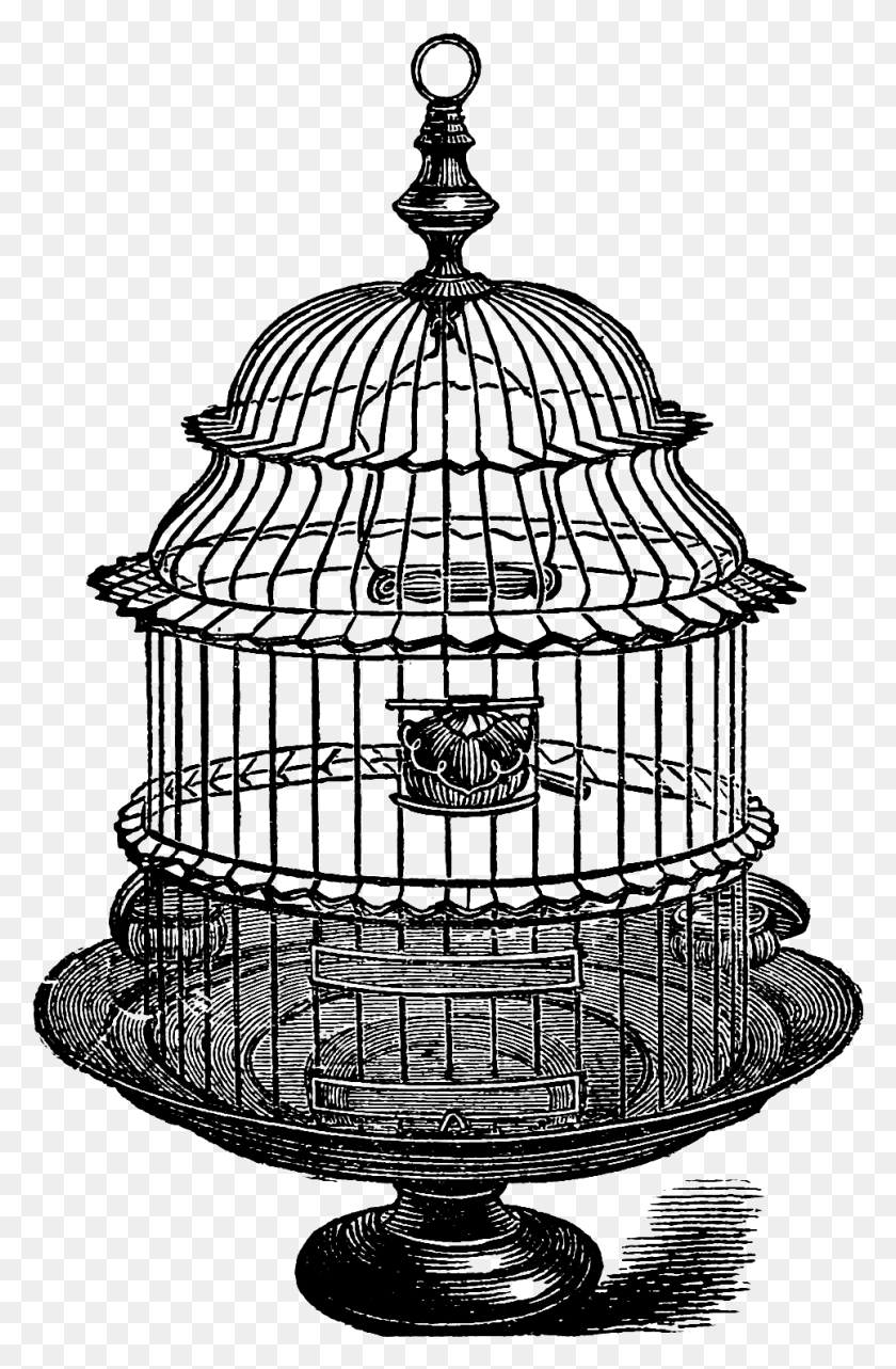 966x1515 Birdcage Clipart Grey Bird Cage Vintage Drawing, Architecture, Building HD PNG Download