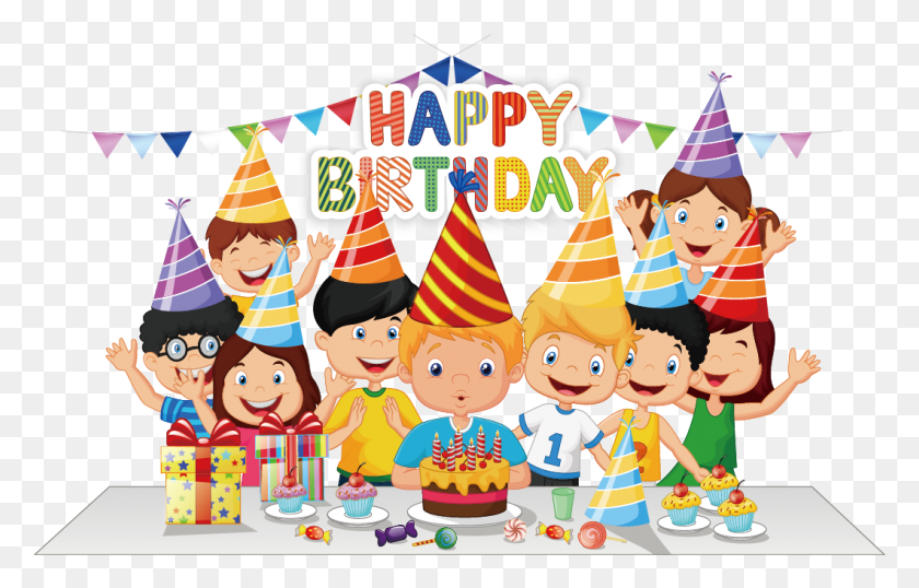 1060x650 Birthday Cake Party Cartoon Family Birthday Party Drawing, Clothing, Apparel, Party Hat HD PNG Download