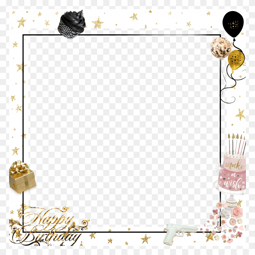 1024x1024 Birthday Frame Stars Balloon Present Gold White, Text, Scroll HD PNG Download