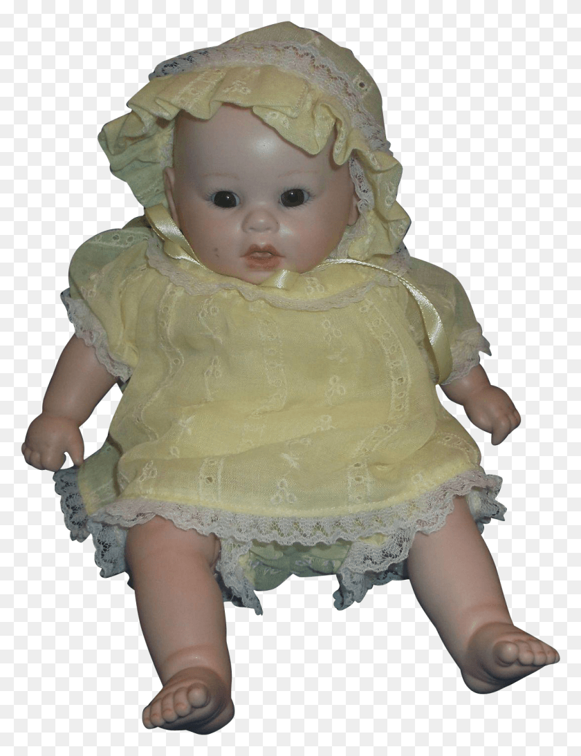 1084x1438 Bisque Porcelain Baby Doll Yellow Dress Bloomers Bonnet Porcelain Baby With Bonnet, Toy, Clothing, Apparel HD PNG Download