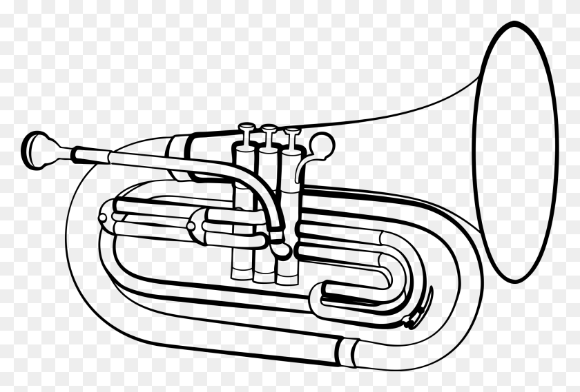 2000x1307 Black And White Baritone Horn Marching Euphonium Baritone Horn Drawing, Gray, World Of Warcraft HD PNG Download