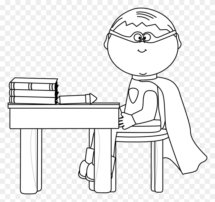1362x1277 Black And White Boy Superhero At School Desk Superhero Kids Black And White Clipart, Furniture, Standing, Table HD PNG Download