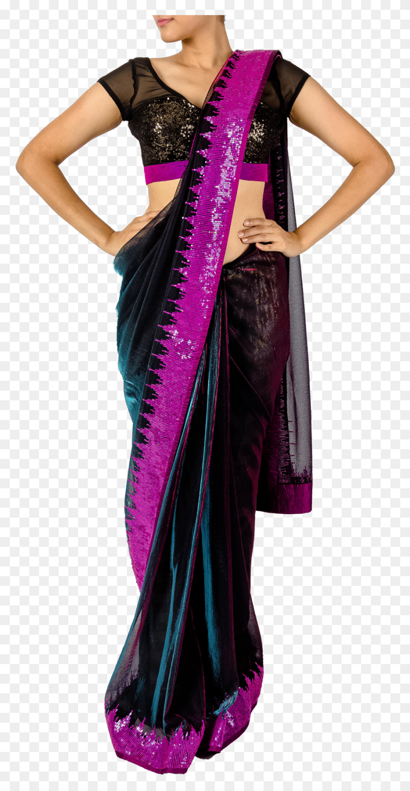 886x1772 Black Blue And Pink Iridescent Saree And Blouse By Dress, Clothing, Apparel, Sari HD PNG Download
