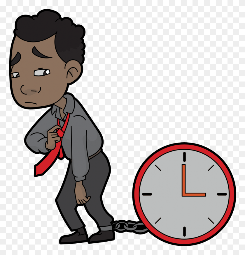 919x962 Descargar Png Hombre Negro De Dibujos Animados Encadenado A Un Reloj De Dibujos Animados, Persona, Humano, Reloj Analógico Hd Png
