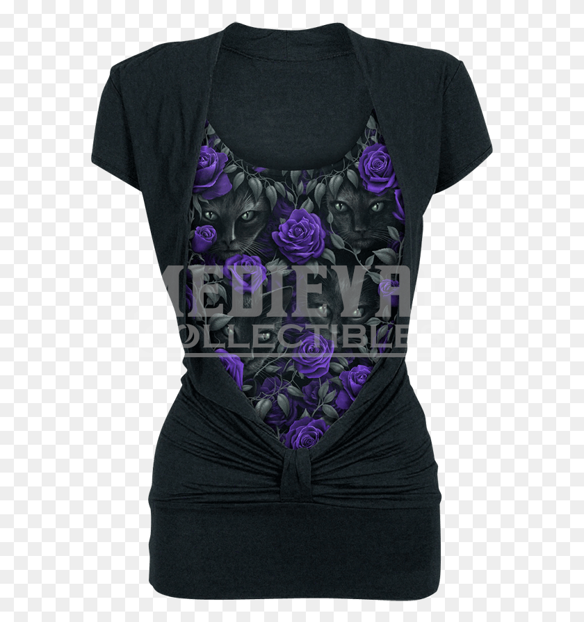 579x835 Black Cat And Purple Rose Knotted Top Blouse, Clothing, Apparel, T-Shirt Descargar Hd Png