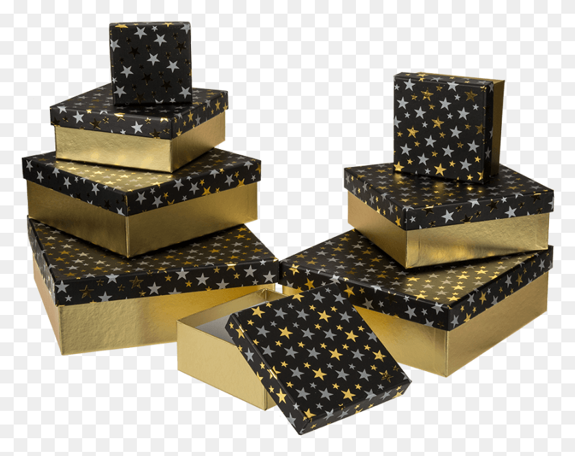 871x677 Подарочная Коробка Черного Цвета С Серебристо-Золотым Цветным Caja Negra Con Estrellas Doradas, Игра, Свадебный Торт, Торт Png Скачать