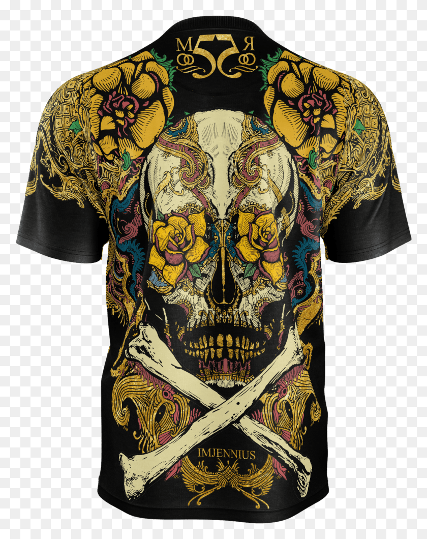 1170x1501 Descargar Pngcráneo Mexicano Negro Oro Amarillo Camiseta Hombre Camisa Diseño Floral Unisex, Ropa, Ropa, Piel Hd Png