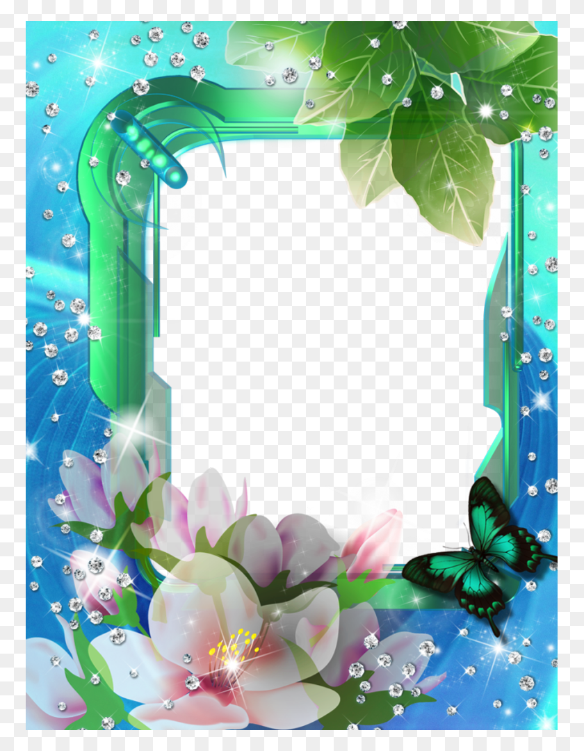 765x1020 Descargar Png Marco De Fotos Transparente Azul Verde Con Flores Bordes Y Marcos De Flores Azules, Gráficos, Diseño Floral Hd Png