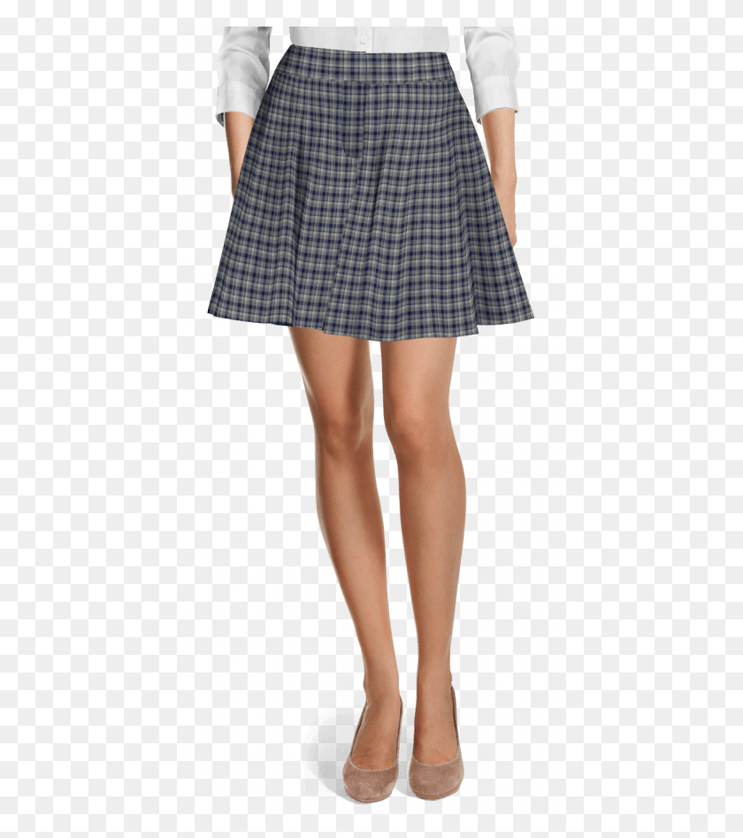 437x887 Blue Short Flared Checked Wool Skirt View Front Grey Pencil Skirt Short, Clothing, Apparel, Person HD PNG Download